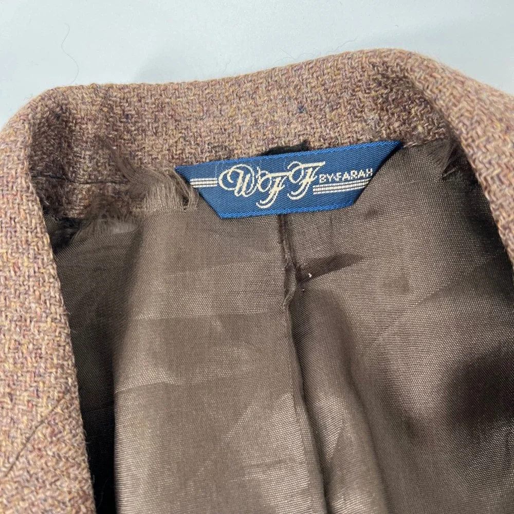 Farah Vintage Mens 40L Brown Wool Tweed Blazer Suede Elbow Patches Made in USA